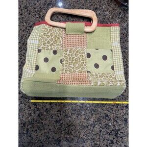 Vintage Handmade Quilted Patchwork Tote Bag Wood Handle Cottagecore Green Red